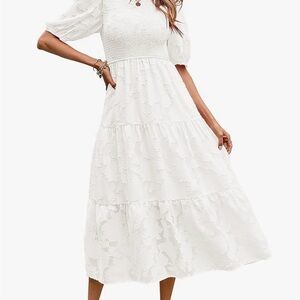 Smocked Bodice White Tiered Midi Dress - Women's Summer Lace Dress Small- Bridal